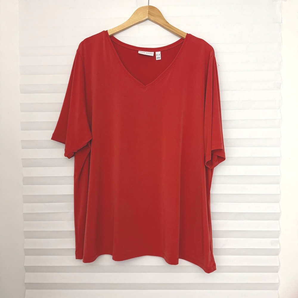Susan Graver Liquid Knit V-Neck Top Short Sleeve Plus Size 3X Burnt Orange
